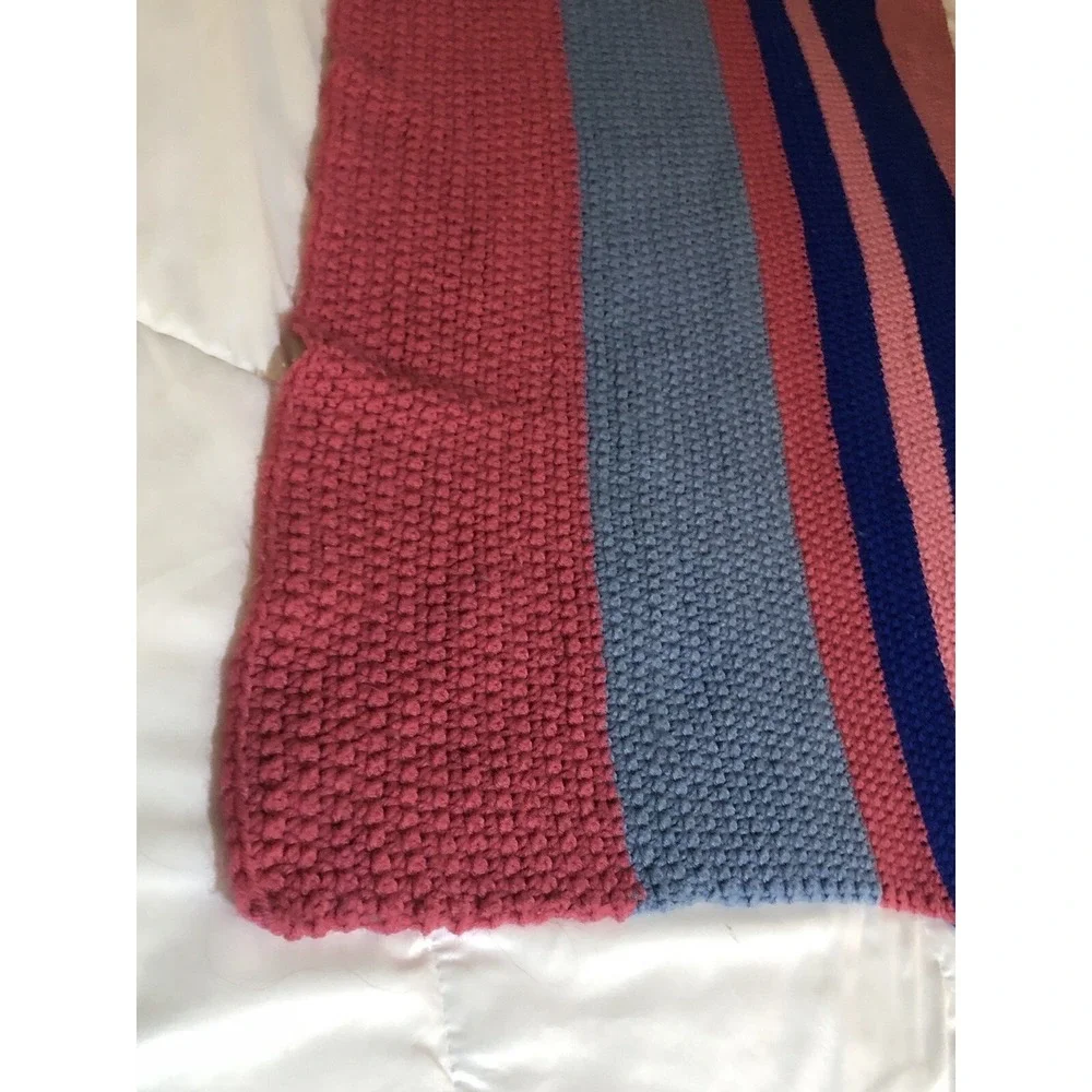 Four toned Stripes Pretty Pink Blue Vintage Afghan Cozy Couch‎ Throw Blanket